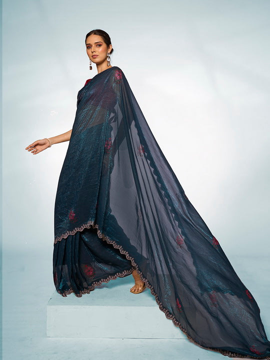 Majestic Teal Blue Slub Organza Saree | Swarovski Designer Art Silk Blouse Ensemble