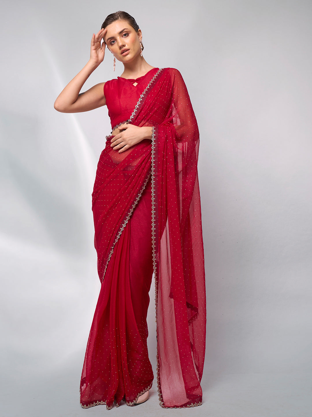 Passionate Red Moss Saree | Swarovski Designer Art Silk Blouse Ensemble