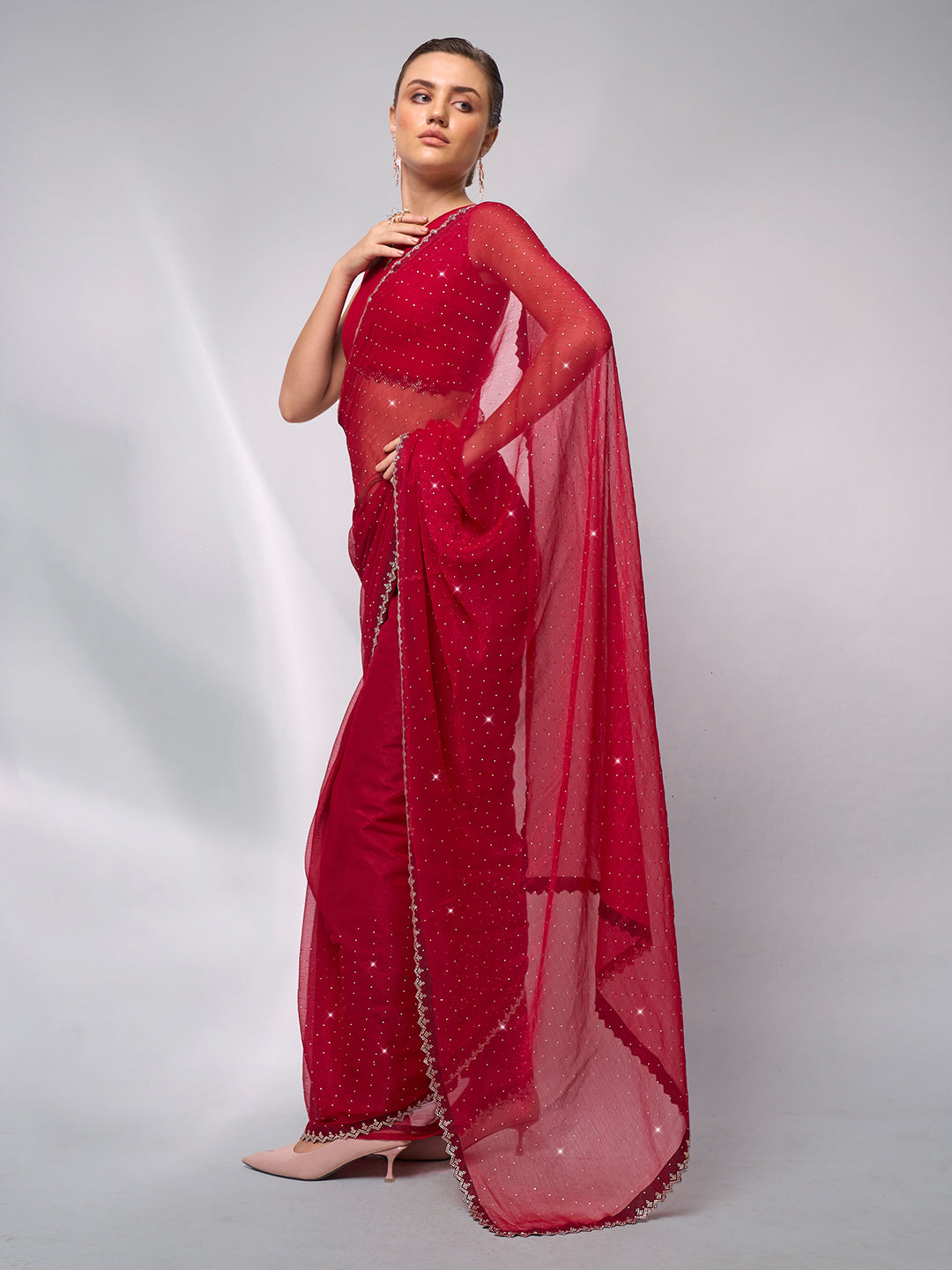 Passionate Red Moss Saree | Swarovski Designer Art Silk Blouse Ensemble