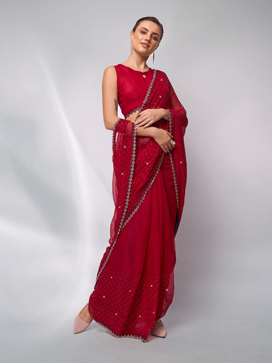 Passionate Red Moss Saree | Swarovski Designer Art Silk Blouse Ensemble