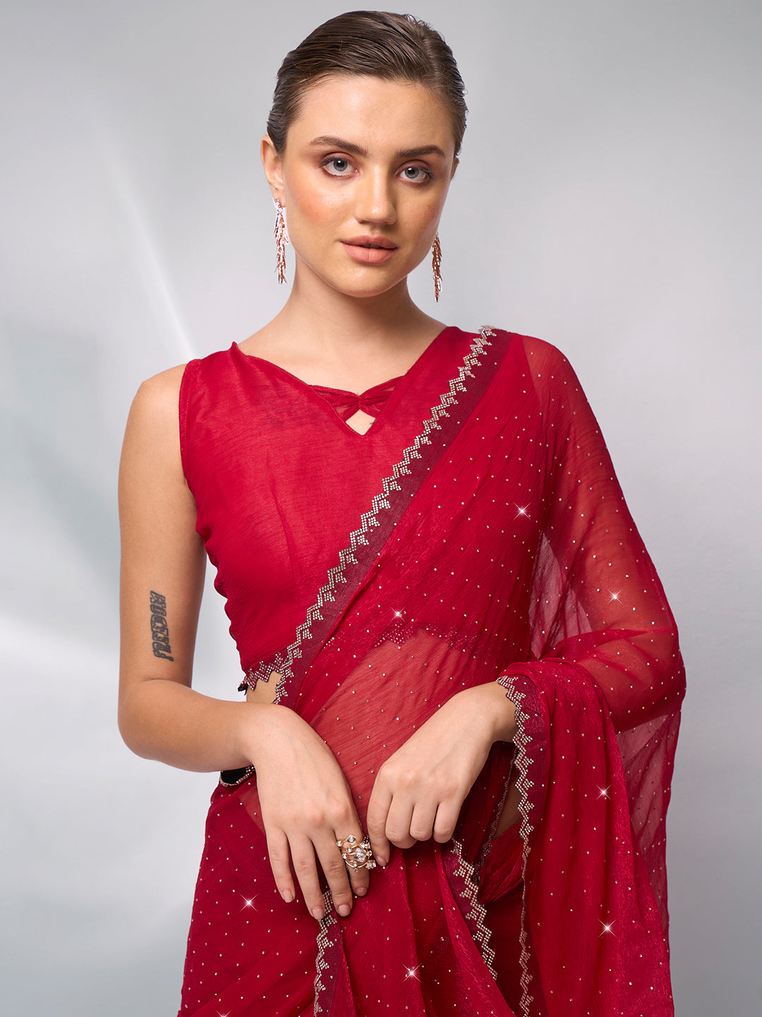Passionate Red Moss Saree | Swarovski Designer Art Silk Blouse Ensemble
