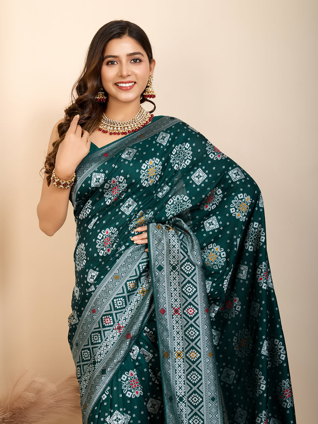 Emerald Green Soft Silk Party Wear Saree | Woven Meenakari Rich Pallu Designer