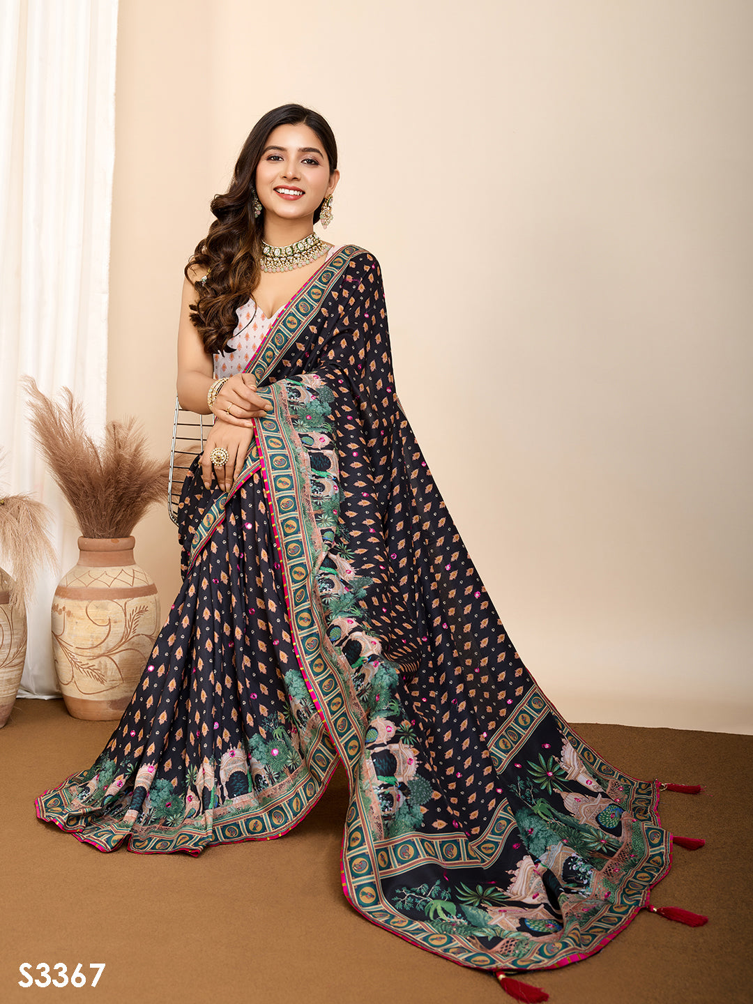 Midnight Elegance Muslin Cotton Party Wear Saree | Designer Digital Printed with Hand Work Artistry