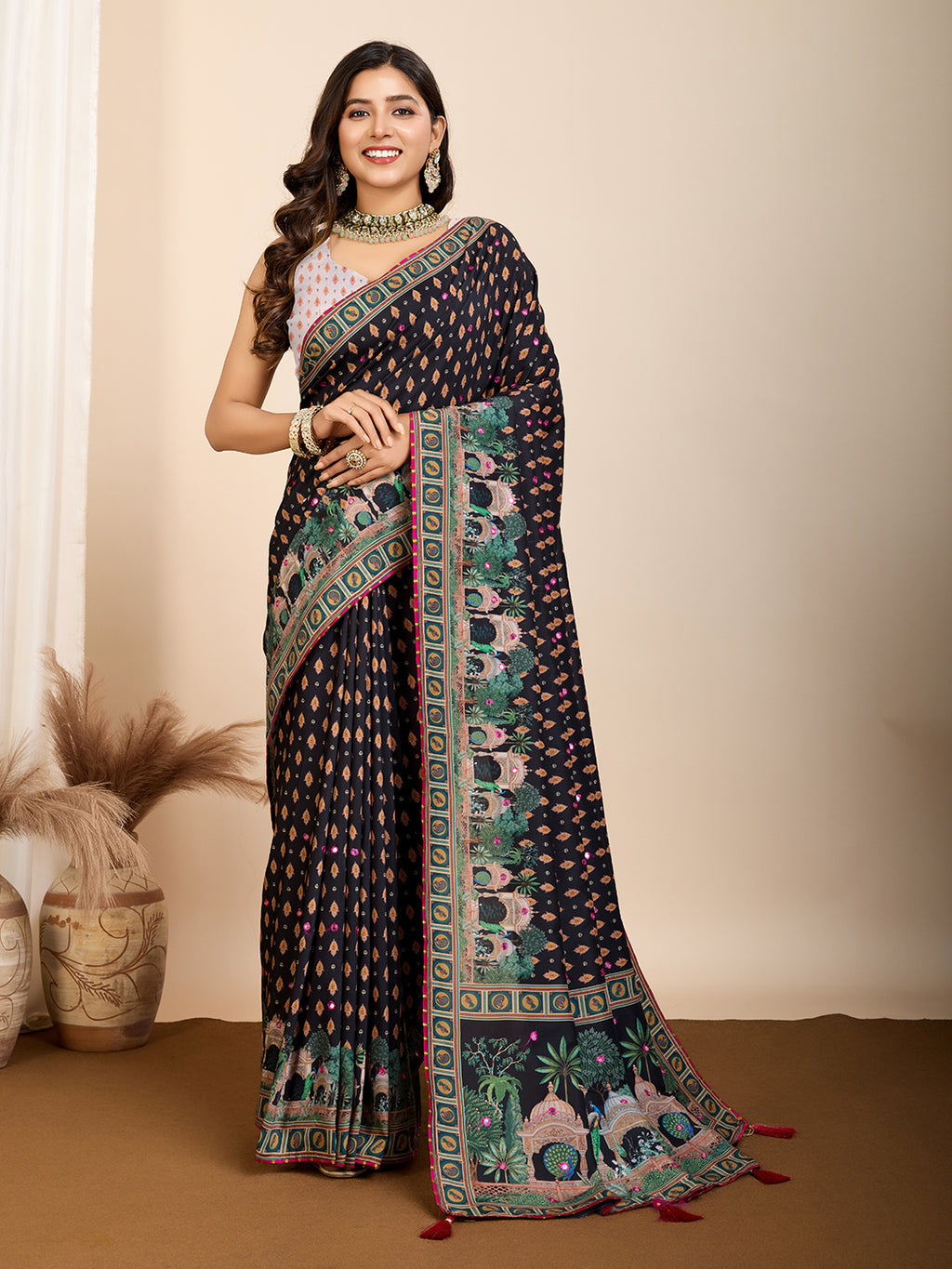 Midnight Elegance Muslin Cotton Party Wear Saree | Designer Digital Printed with Hand Work Artistry