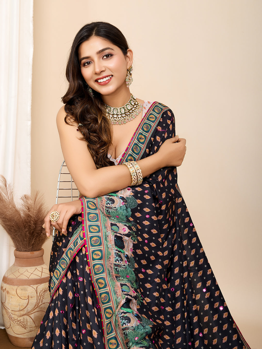 Midnight Elegance Muslin Cotton Party Wear Saree | Designer Digital Printed with Hand Work Artistry