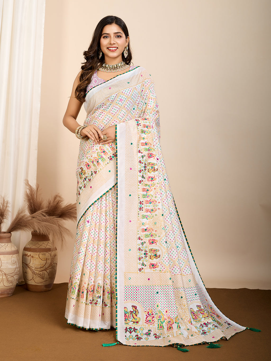 Ivory Twilight Muslin Cotton Party Wear Saree | Designer Digital Printed with Hand Work Artistry
