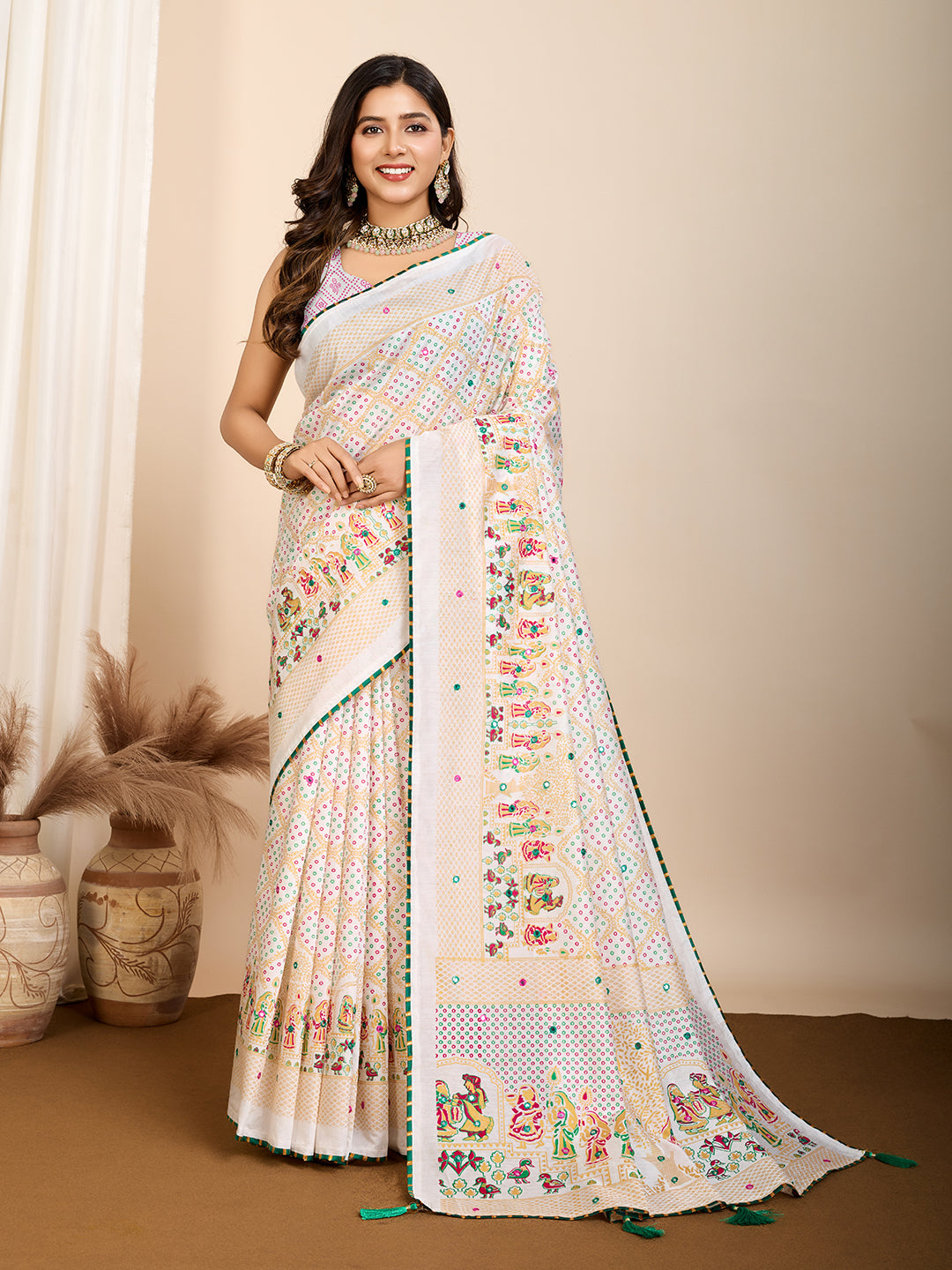 Ivory Twilight Muslin Cotton Party Wear Saree | Designer Digital Printed with Hand Work Artistry