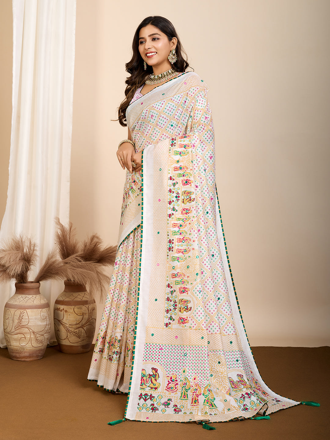 Ivory Twilight Muslin Cotton Party Wear Saree | Designer Digital Printed with Hand Work Artistry