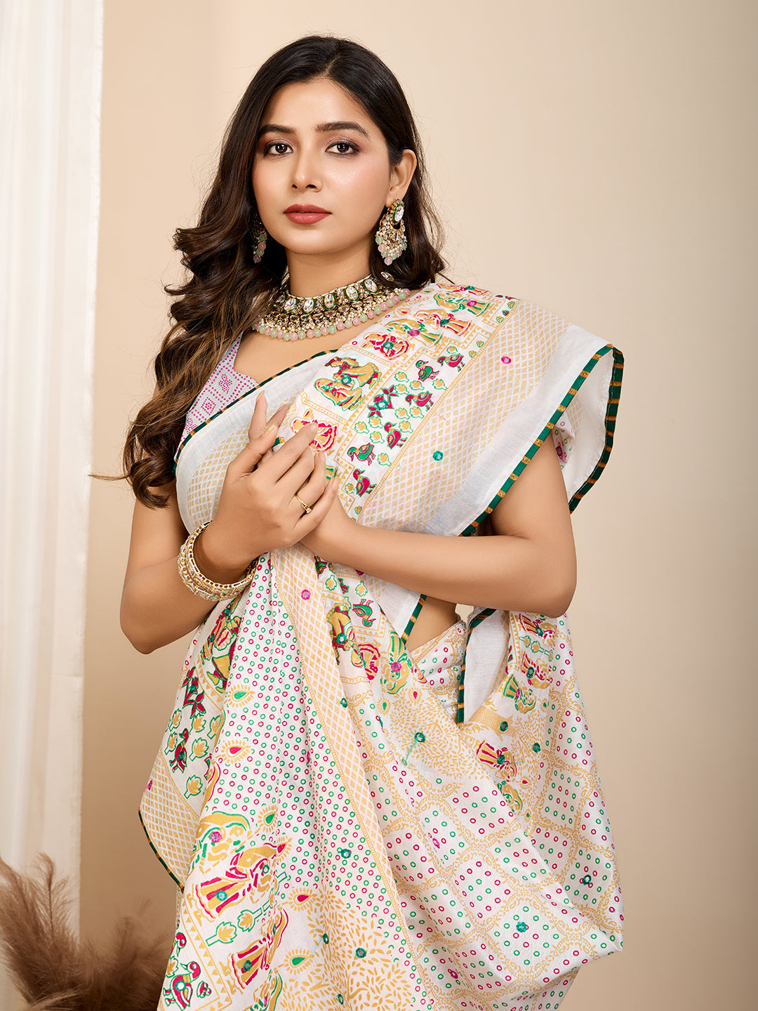 Ivory Twilight Muslin Cotton Party Wear Saree | Designer Digital Printed with Hand Work Artistry