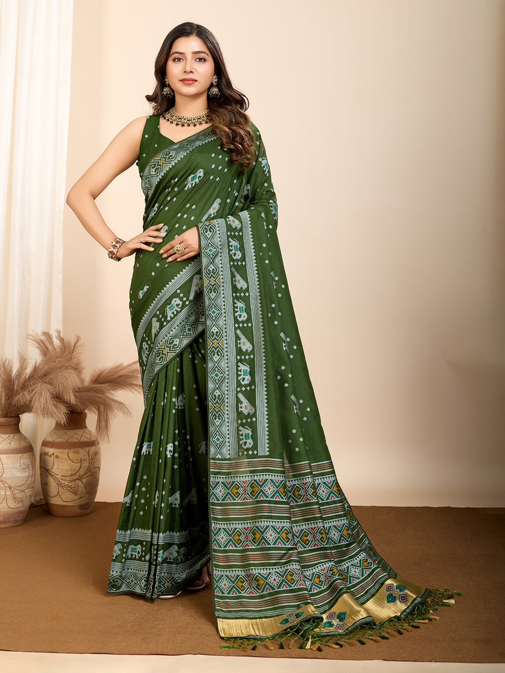 Emerald Green Soft Silk Party Wear Saree | Woven Meenakari Designer Ensemble