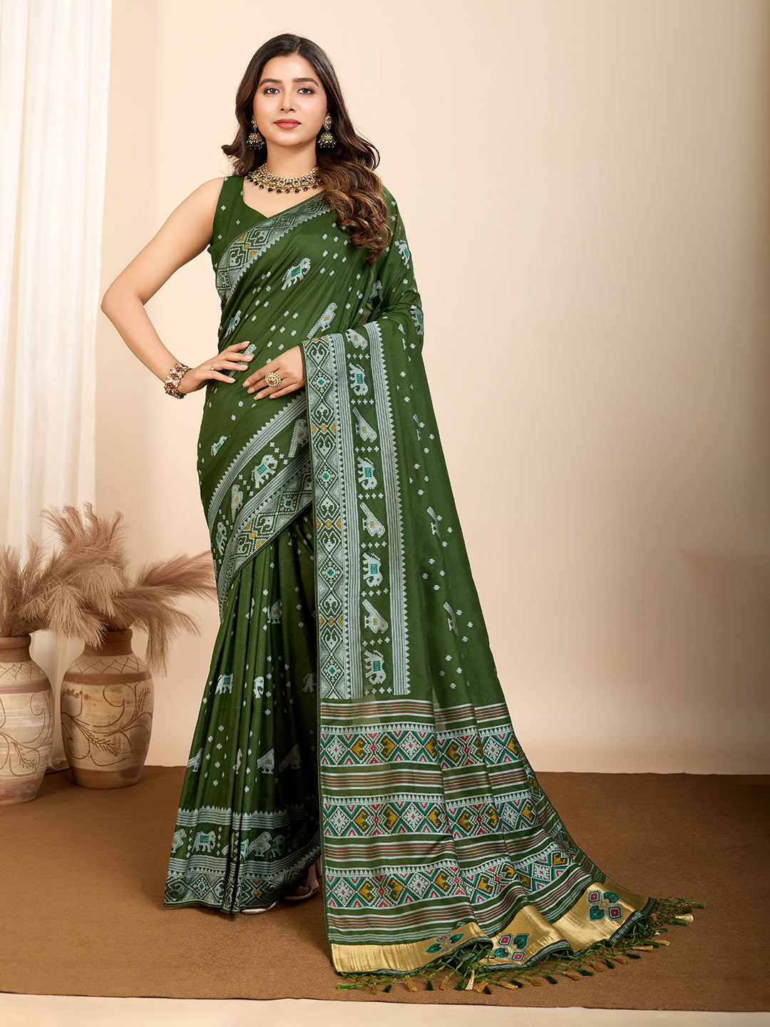 Emerald Green Soft Silk Party Wear Saree | Woven Meenakari Designer Ensemble