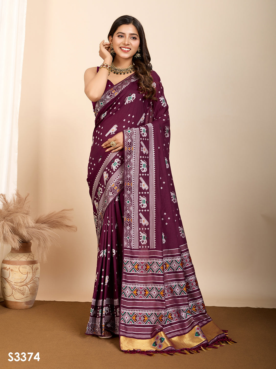 Wine Soft Silk Party Wear Saree | Woven Meenakari Designer Opulence