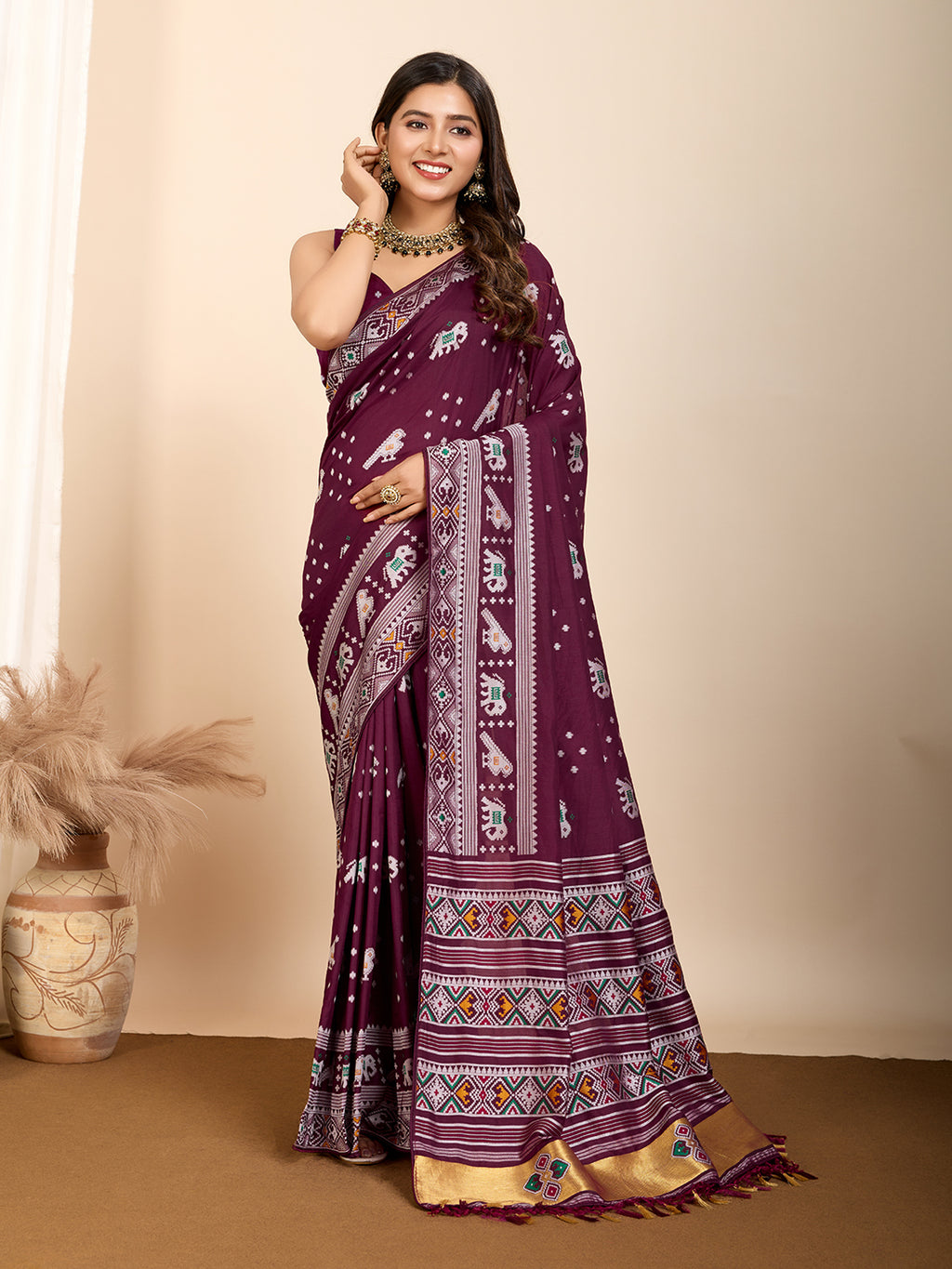Wine Soft Silk Party Wear Saree | Woven Meenakari Designer Opulence