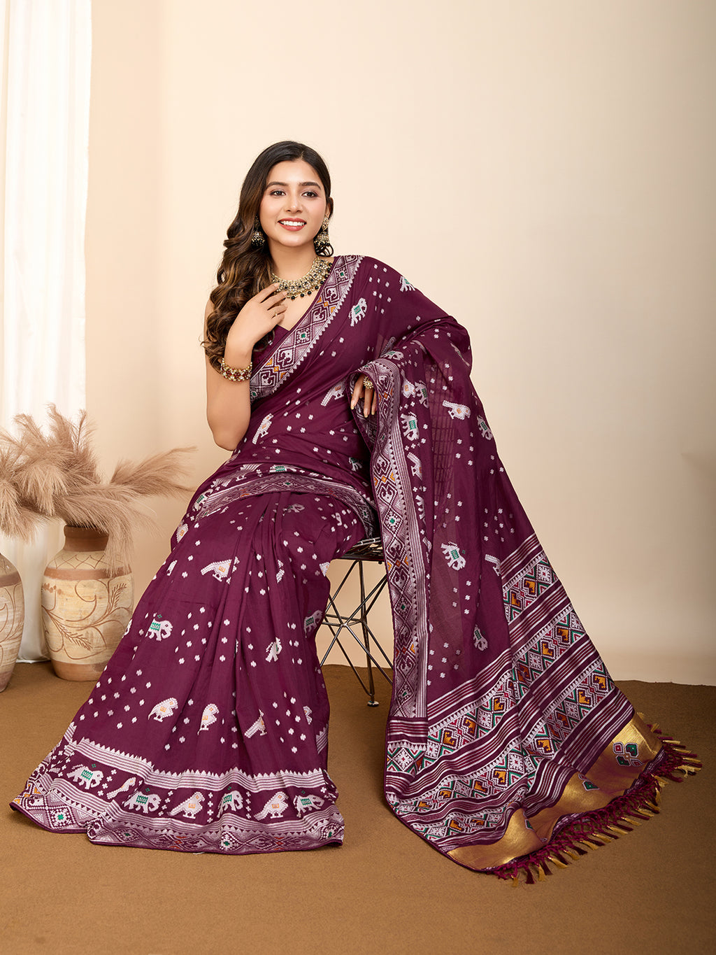 Wine Soft Silk Party Wear Saree | Woven Meenakari Designer Opulence