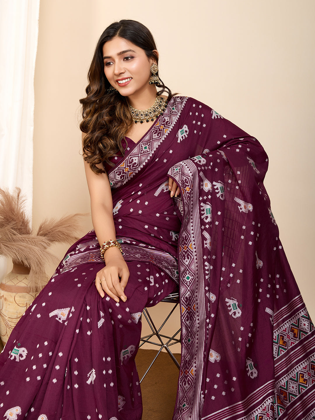 Wine Soft Silk Party Wear Saree | Woven Meenakari Designer Opulence