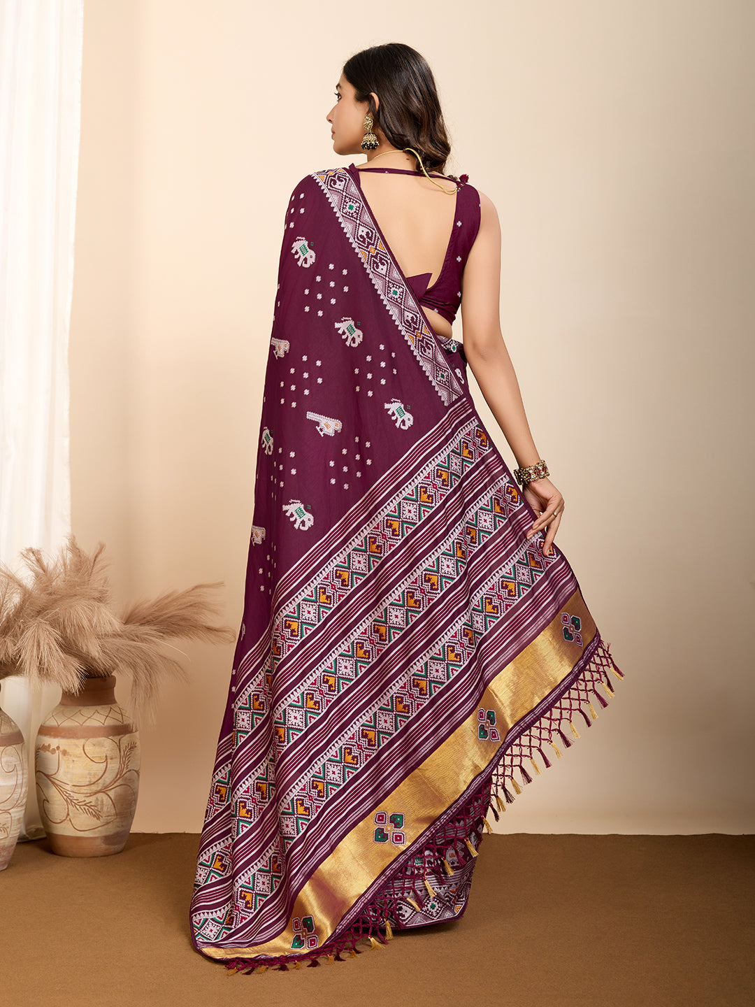 Wine Soft Silk Party Wear Saree | Woven Meenakari Designer Opulence