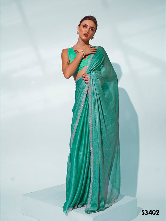Sea Green Chiffon Saree | Solid Designer Work