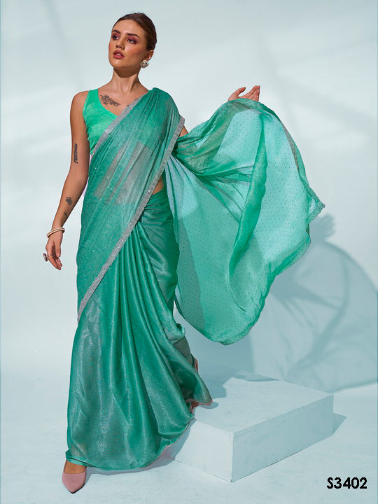 Sea Green Chiffon Saree | Solid Designer Work