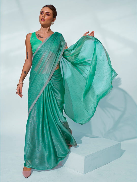 Sea Green Chiffon Saree | Solid Designer Work