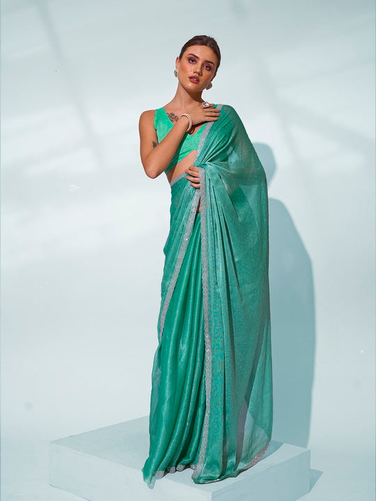 Sea Green Chiffon Saree | Solid Designer Work