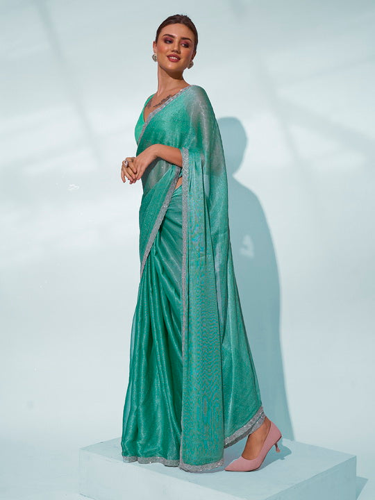 Sea Green Chiffon Saree | Solid Designer Work