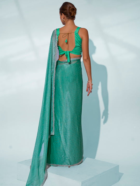 Sea Green Chiffon Saree | Solid Designer Work