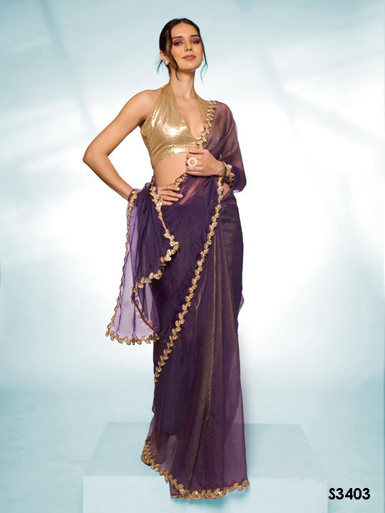 Royal Purple Tissue Saree | Solid Designer Work with Gold Blouse
