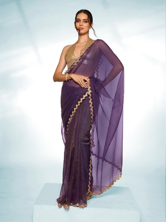 Royal Purple Tissue Saree | Solid Designer Work with Gold Blouse