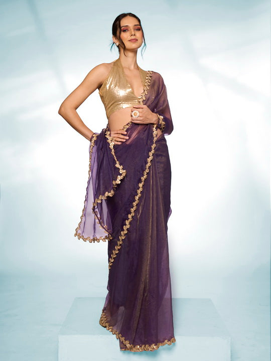 Royal Purple Tissue Saree | Solid Designer Work with Gold Blouse
