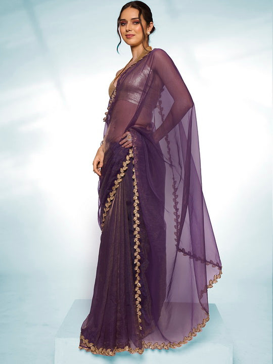 Royal Purple Tissue Saree | Solid Designer Work with Gold Blouse