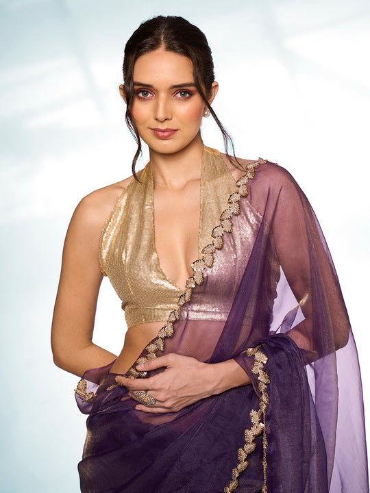 Royal Purple Tissue Saree | Solid Designer Work with Gold Blouse