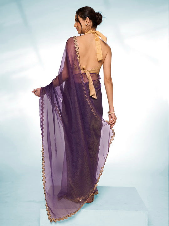 Royal Purple Tissue Saree | Solid Designer Work with Gold Blouse
