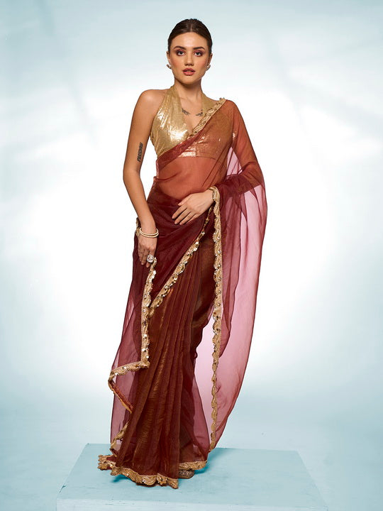 Earthy Brown Tissue Saree | Solid Designer Work with Gold Blouse