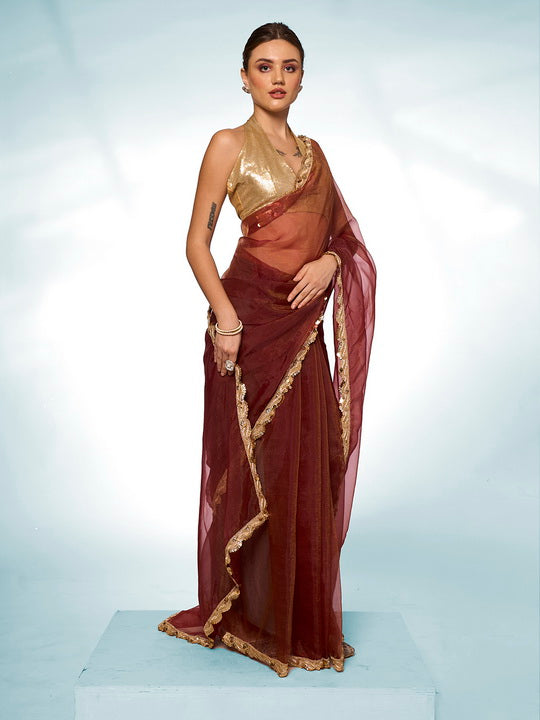 Earthy Brown Tissue Saree | Solid Designer Work with Gold Blouse