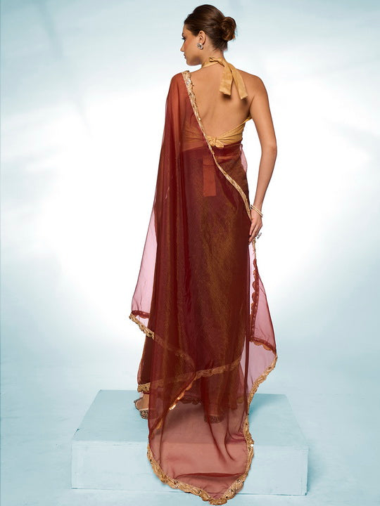 Earthy Brown Tissue Saree | Solid Designer Work with Gold Blouse