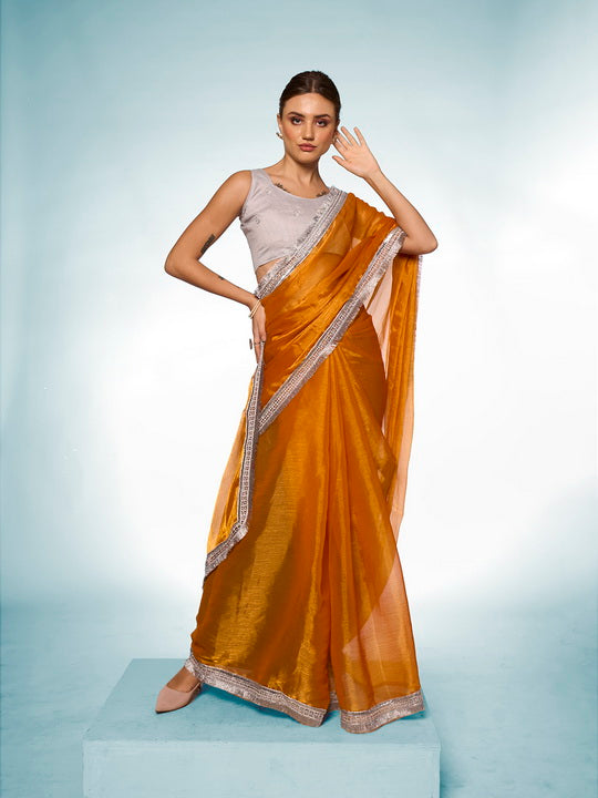 Mustard Burburry Saree | Solid Designer Work with Silver Blouse