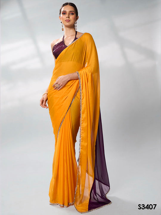 Sunny Yellow Georgette Saree | Solid Designer Work with Purple Blouse
