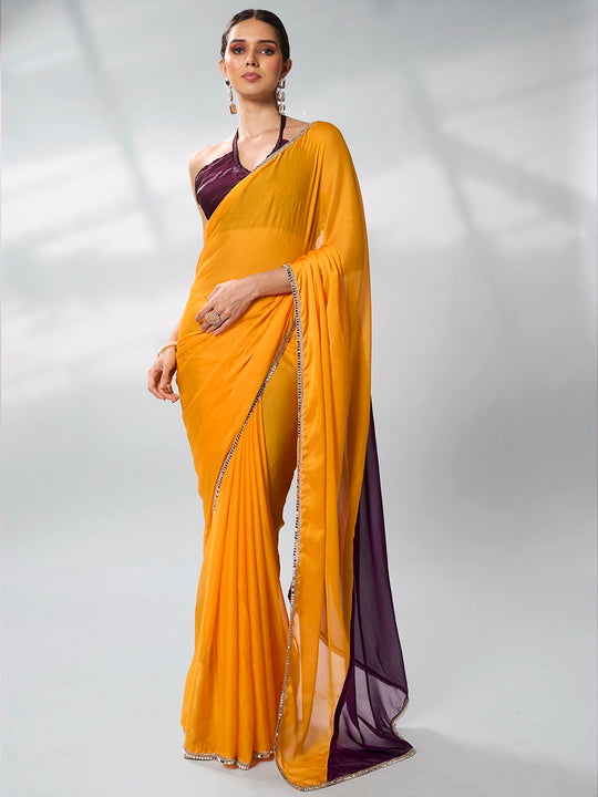 Sunny Yellow Georgette Saree | Solid Designer Work with Purple Blouse