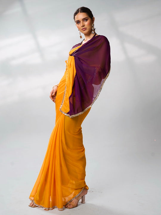 Sunny Yellow Georgette Saree | Solid Designer Work with Purple Blouse