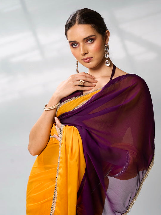 Sunny Yellow Georgette Saree | Solid Designer Work with Purple Blouse