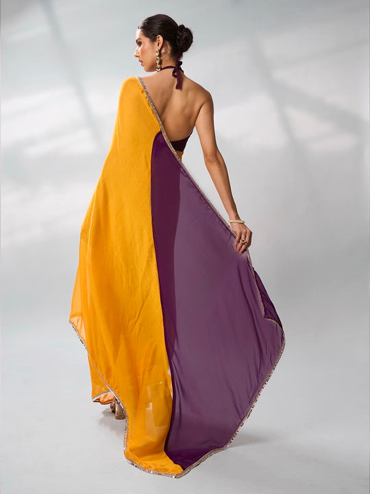 Sunny Yellow Georgette Saree | Solid Designer Work with Purple Blouse