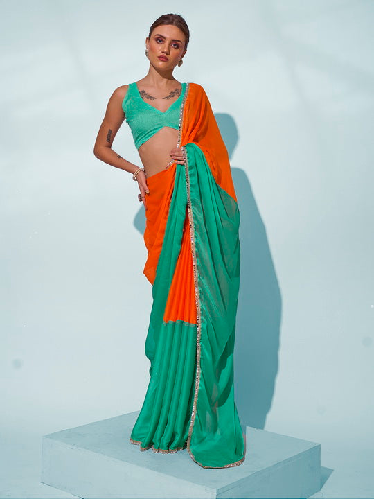 Sea Green Georgette Saree | Solid Designer Work