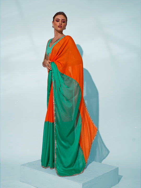 Sea Green Georgette Saree | Solid Designer Work