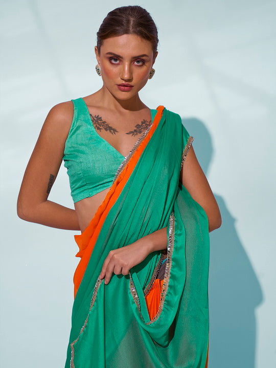 Sea Green Georgette Saree | Solid Designer Work