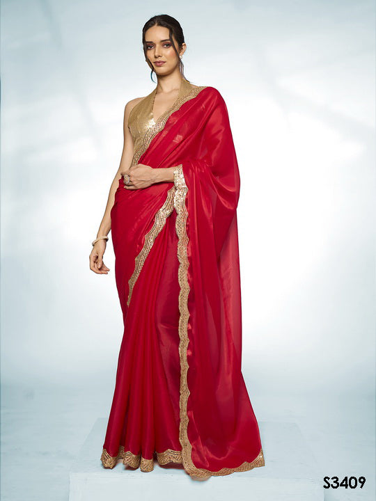 Passionate Red Jimmy Choo Saree | Solid Designer Work with Gold Blouse