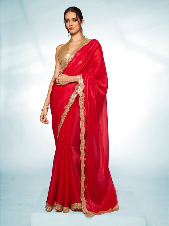 Passionate Red Jimmy Choo Saree | Solid Designer Work with Gold Blouse