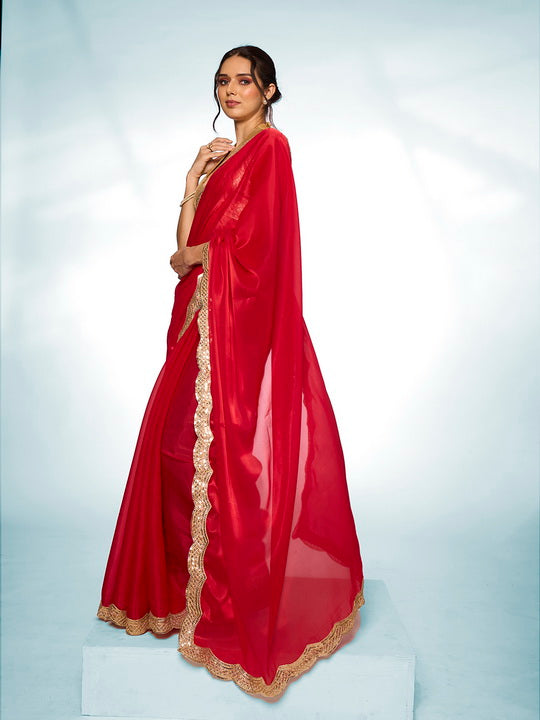 Passionate Red Jimmy Choo Saree | Solid Designer Work with Gold Blouse