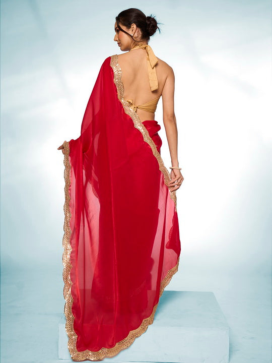 Passionate Red Jimmy Choo Saree | Solid Designer Work with Gold Blouse