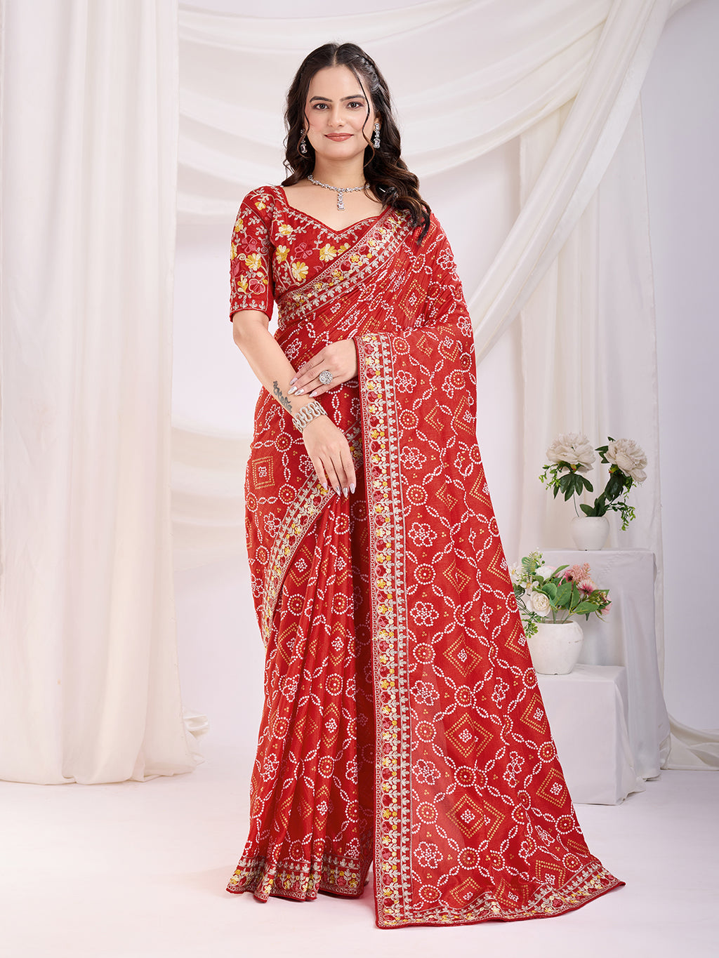 Maroon Vichitra Silk Festival Saree | Bandhani Printed & Embroidered Elegance