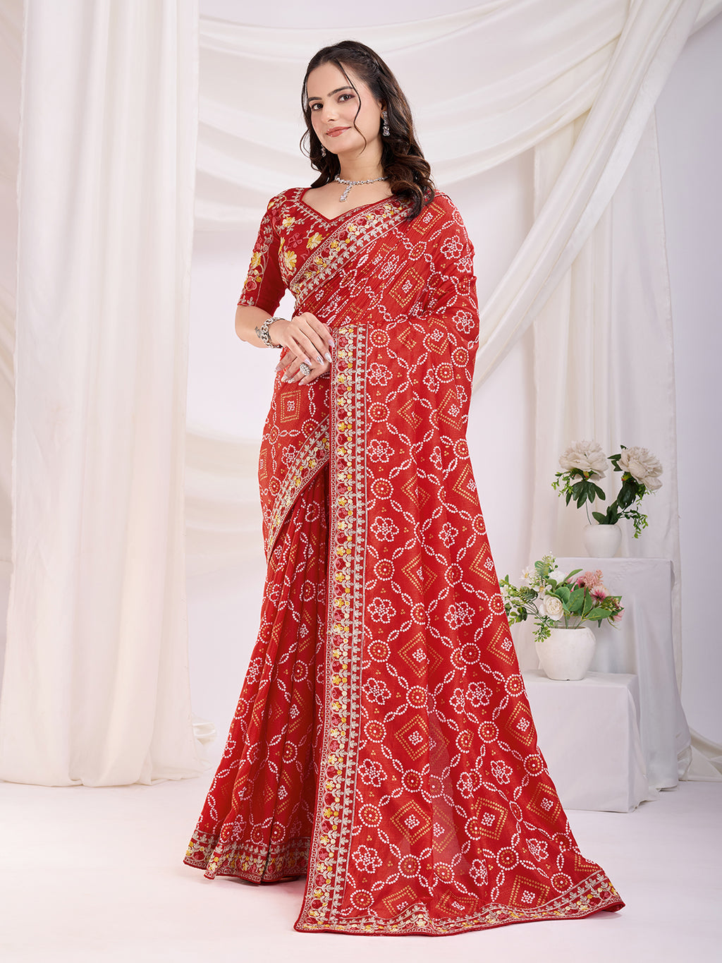 Maroon Vichitra Silk Festival Saree | Bandhani Printed & Embroidered Elegance